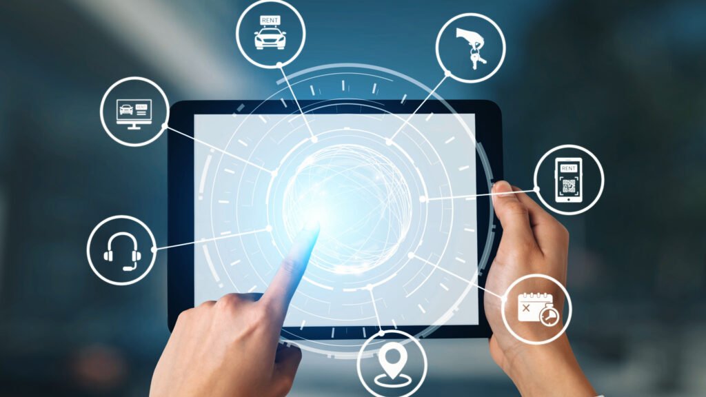 online car rental service with digital booking and vehicle sharing icons gist