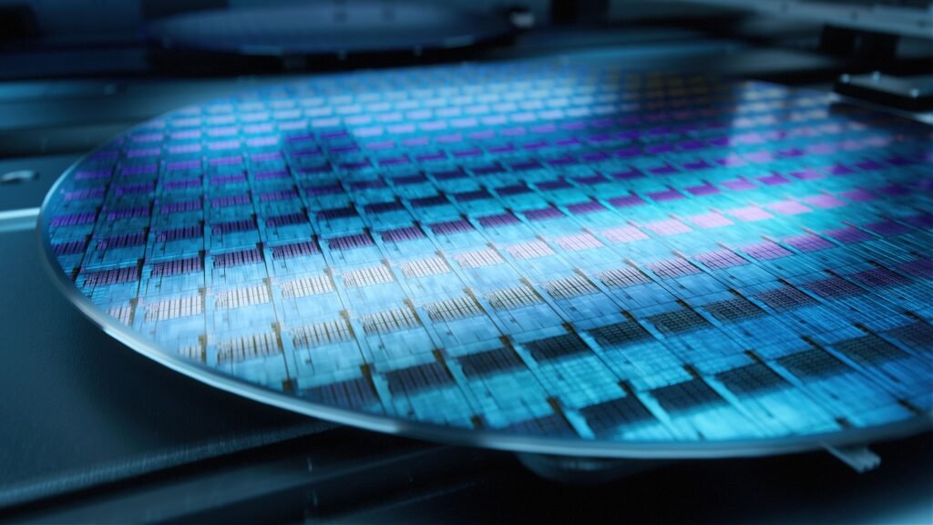macro shot of silicon wafer during production at advanced semiconductor foundry, that produces microchips